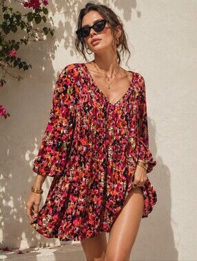 Sahalie Colorful Floral Tunic Dress Size  XL Flowy Boho Lagenlook Artsy Chic
